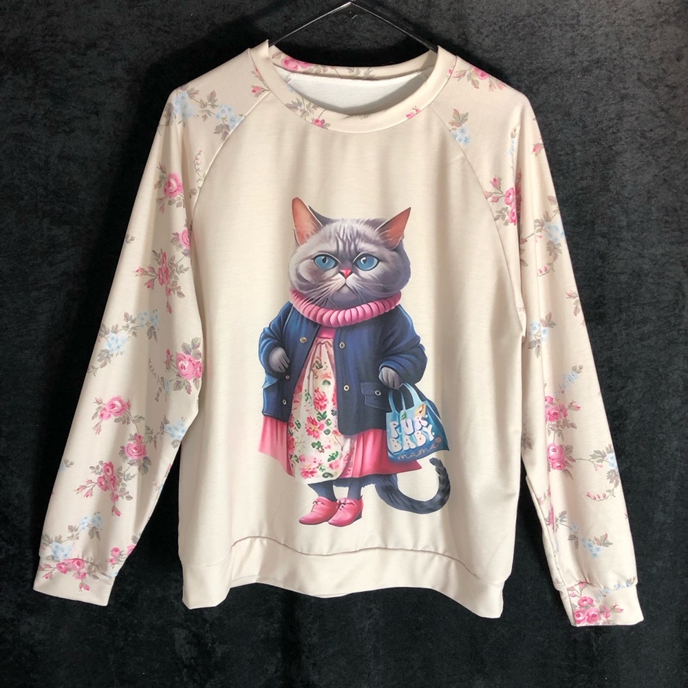 Cat Lady Fur Baby Polyester Sweatshirt sz L Floral Raglan